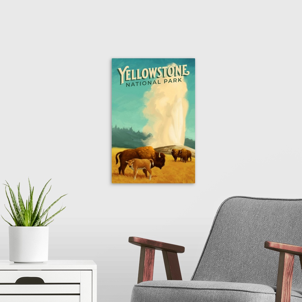 A modern room featuring Yellowstone National Park, Bison With Geyser Erupting: Retro Travel Poster