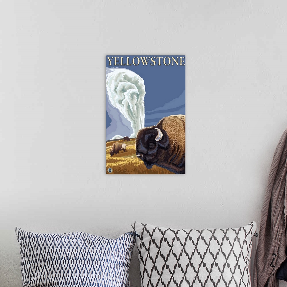 A bohemian room featuring Yellowstone National Park - Bison with Old Faithful: Retro Travel Poster