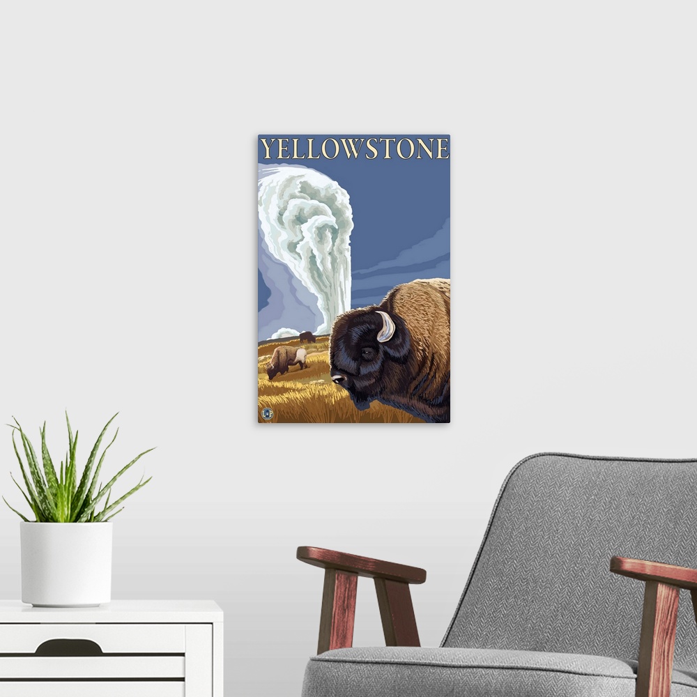 A modern room featuring Yellowstone National Park - Bison with Old Faithful: Retro Travel Poster