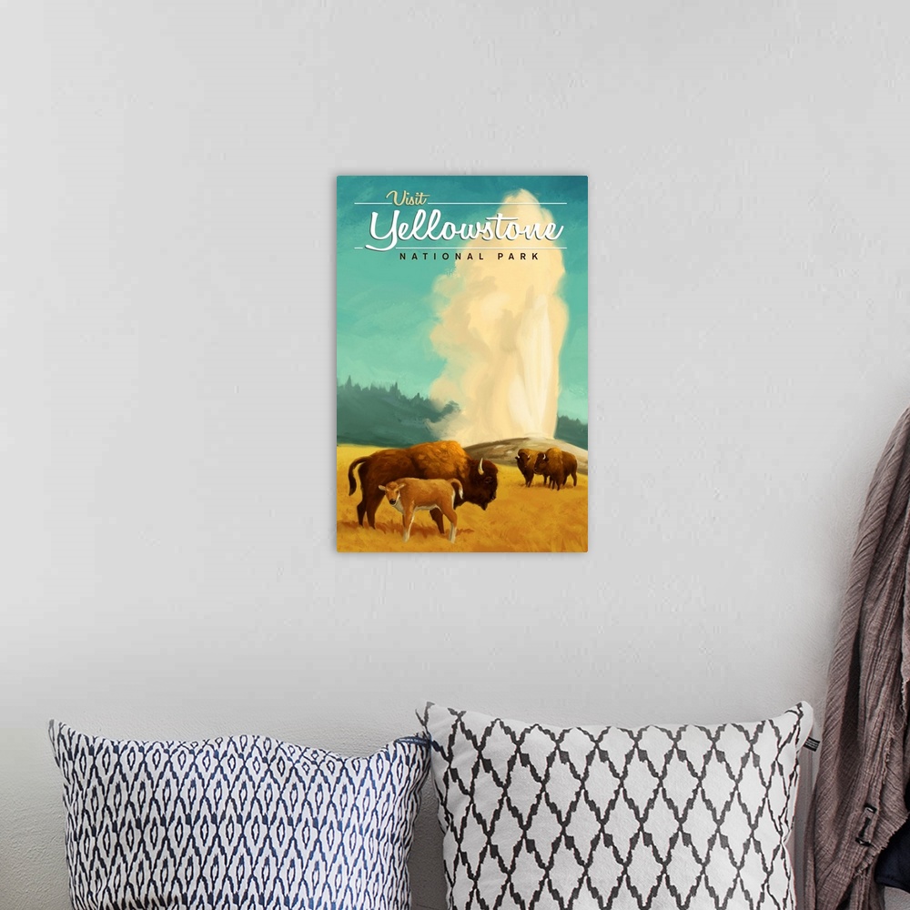 A bohemian room featuring Yellowstone National Park, Bisons And Geyser: Retro Travel Poster