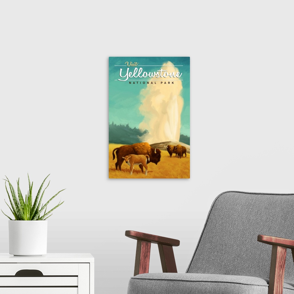 A modern room featuring Yellowstone National Park, Bisons And Geyser: Retro Travel Poster