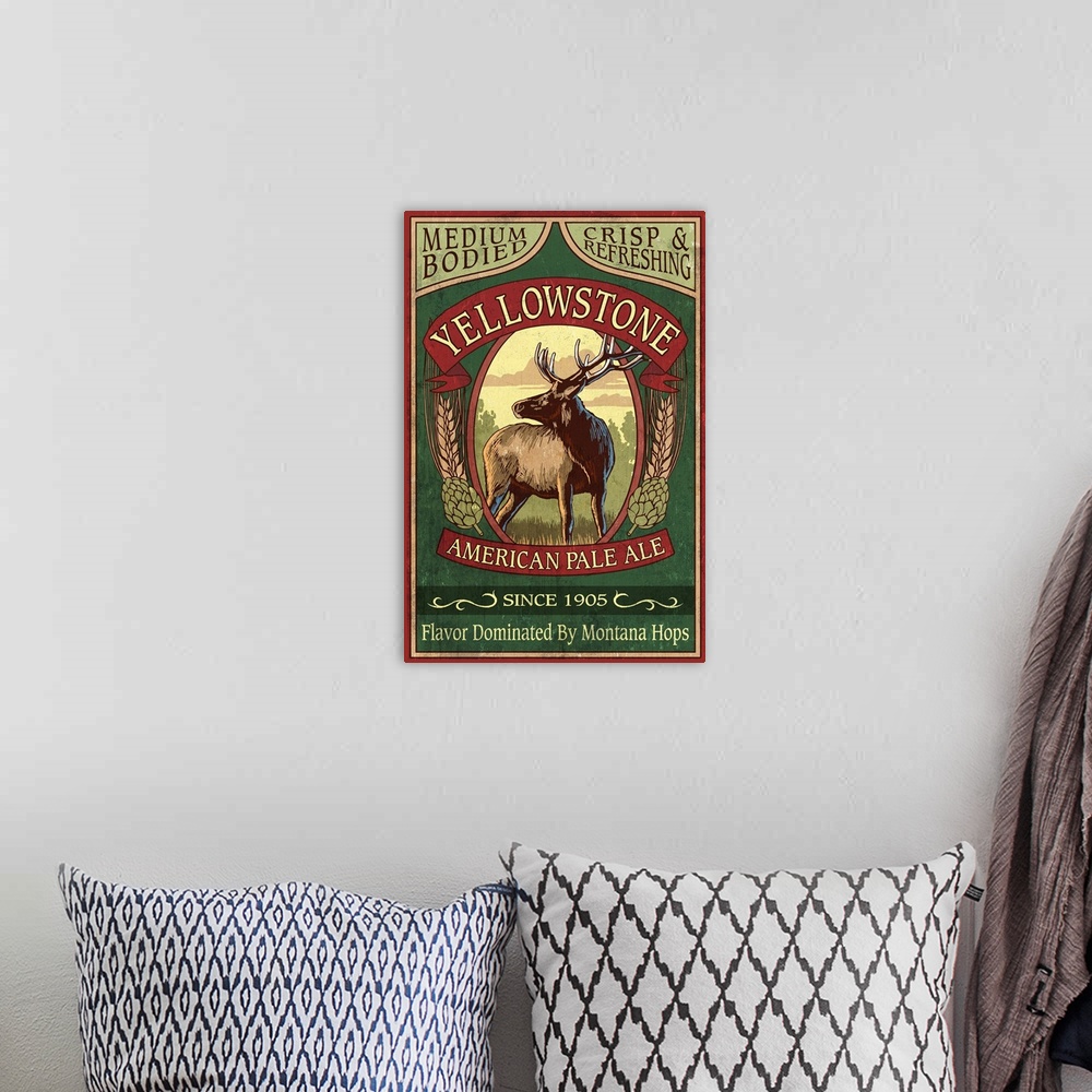 A bohemian room featuring Retro stylized art poster of a vintage sign with an elk advertising ale.