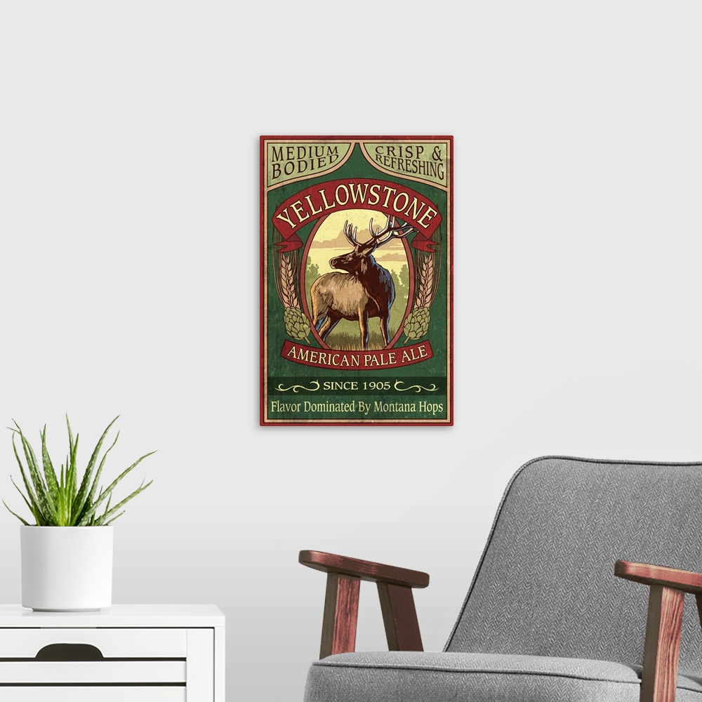 A modern room featuring Retro stylized art poster of a vintage sign with an elk advertising ale.
