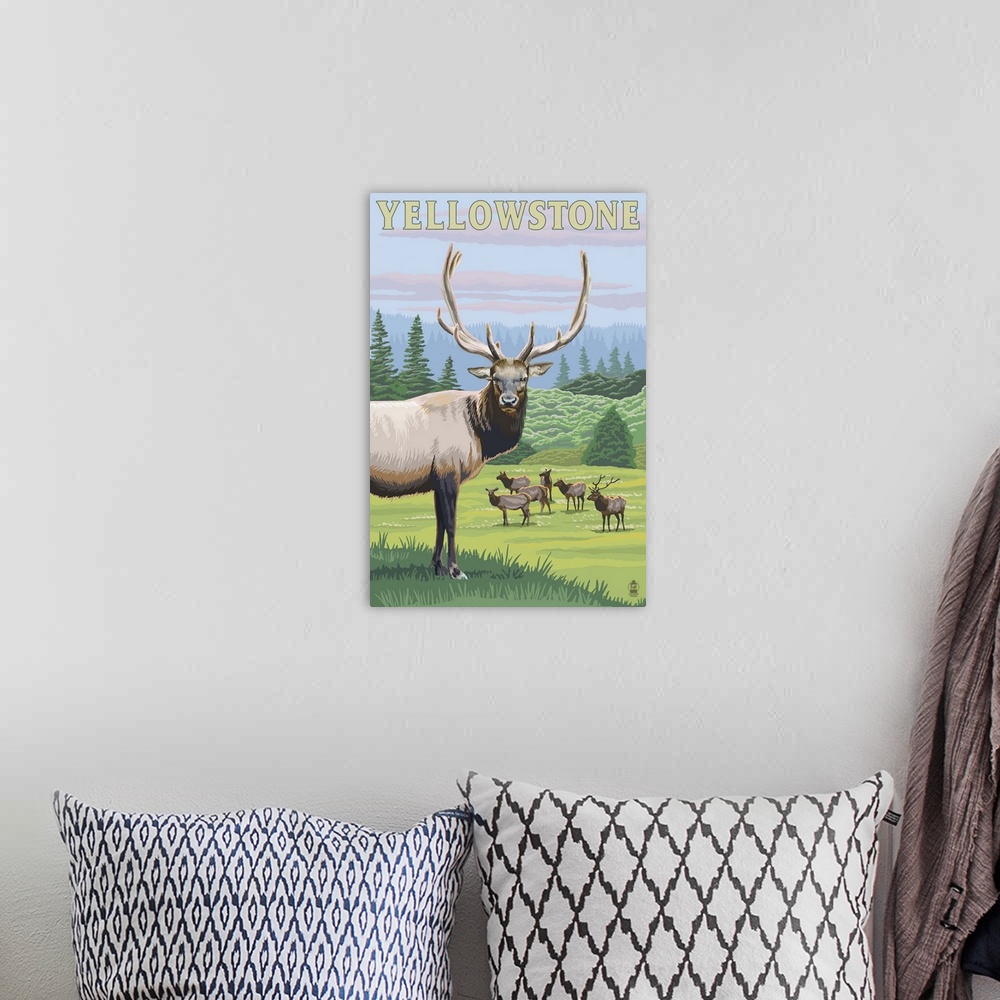A bohemian room featuring Yellowstone National Park - Elk Herd: Retro Travel Poster