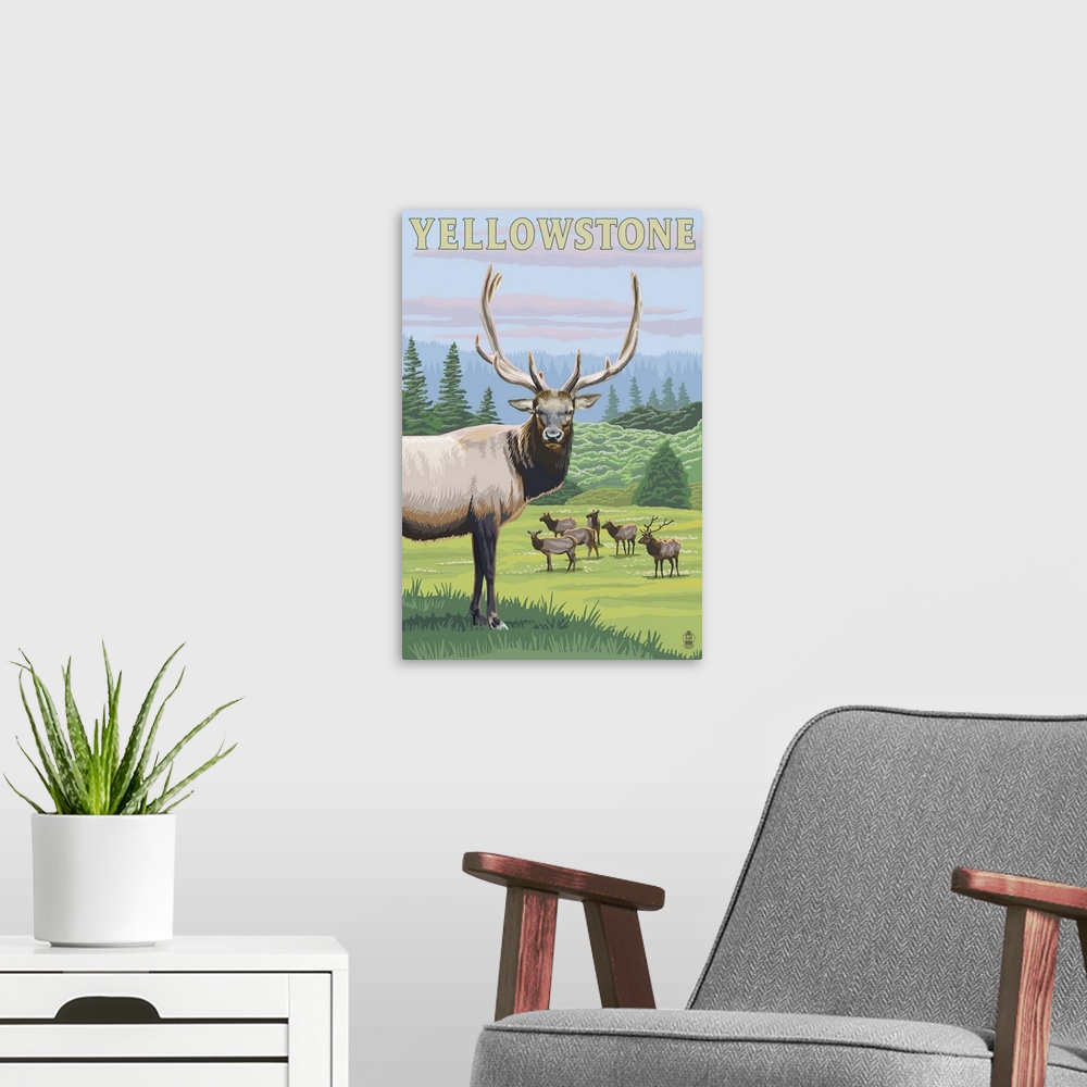 A modern room featuring Yellowstone National Park - Elk Herd: Retro Travel Poster