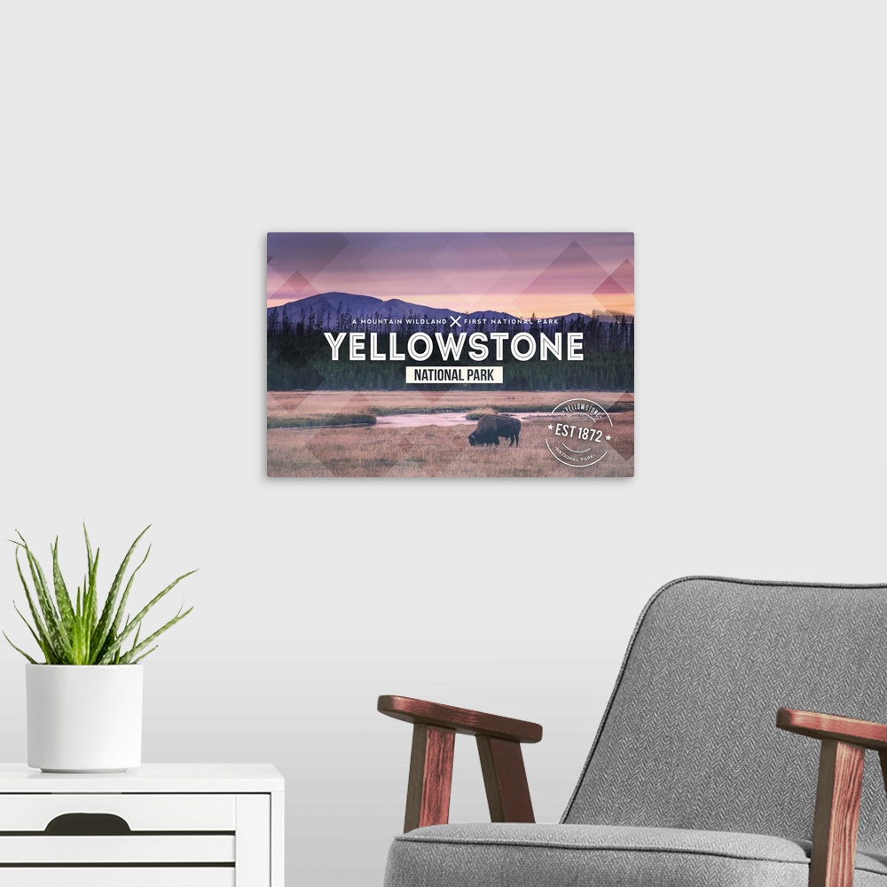 A modern room featuring Yellowstone National Park, Est 1872: Travel Poster