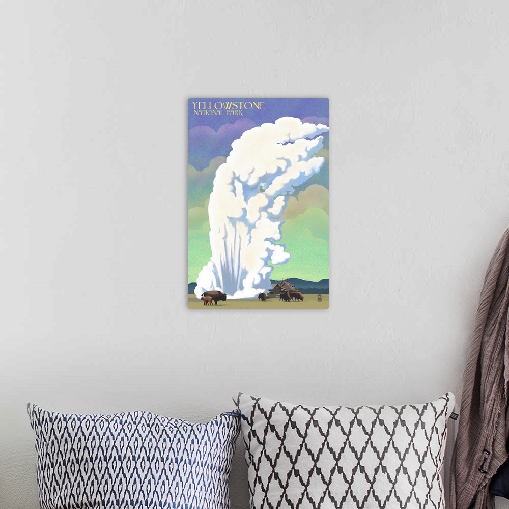A bohemian room featuring Yellowstone National Park, Geyser And Bison: Retro Travel Poster