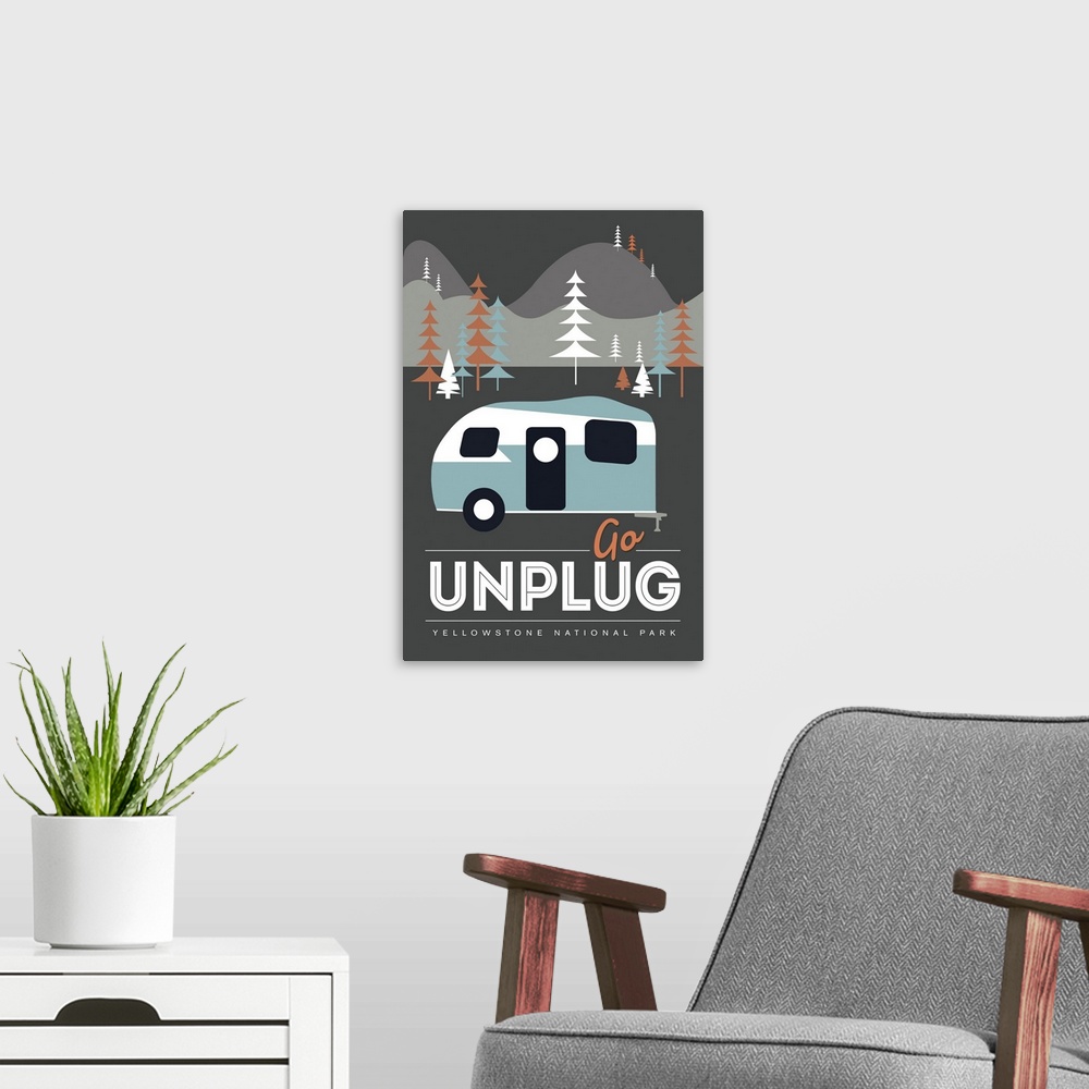 A modern room featuring Yellowstone National Park, Go Unplug: Graphic Travel Poster