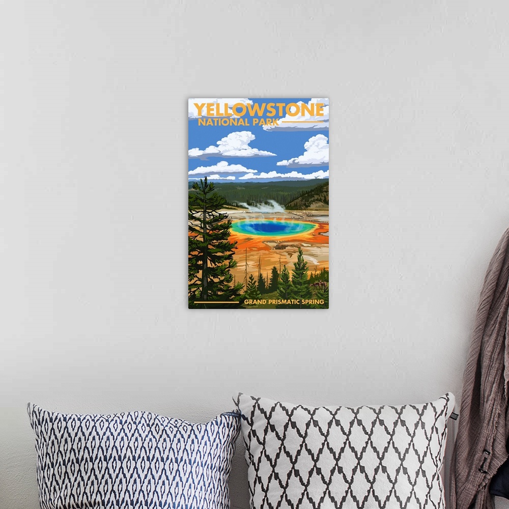 A bohemian room featuring Yellowstone National Park - Grand Prismatic Spring: Retro Travel Poster