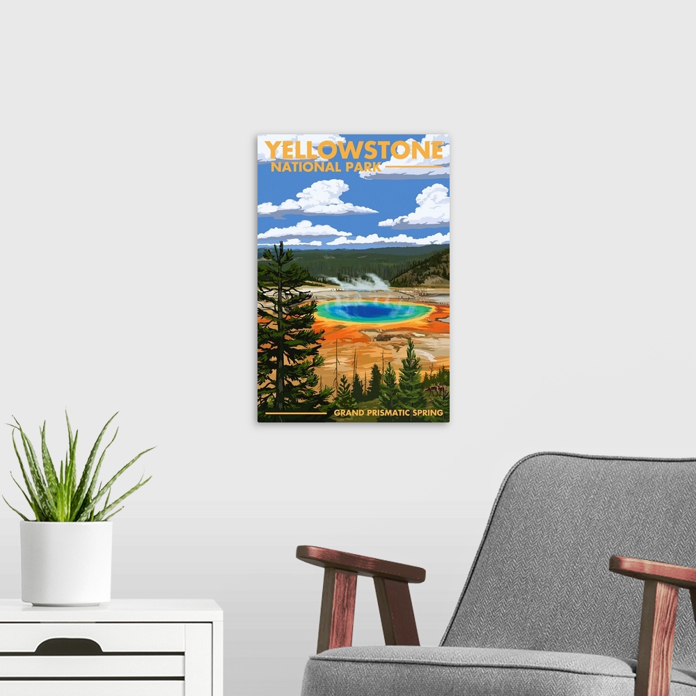 A modern room featuring Yellowstone National Park - Grand Prismatic Spring: Retro Travel Poster