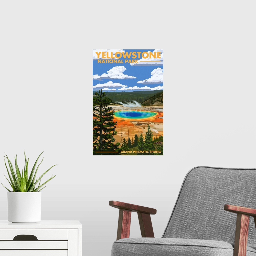 A modern room featuring Yellowstone National Park - Grand Prismatic Spring: Retro Travel Poster