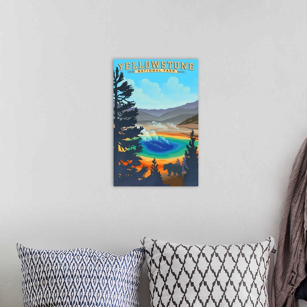A bohemian room featuring Yellowstone National Park, Grand Prismatic Spring: Retro Travel Poster