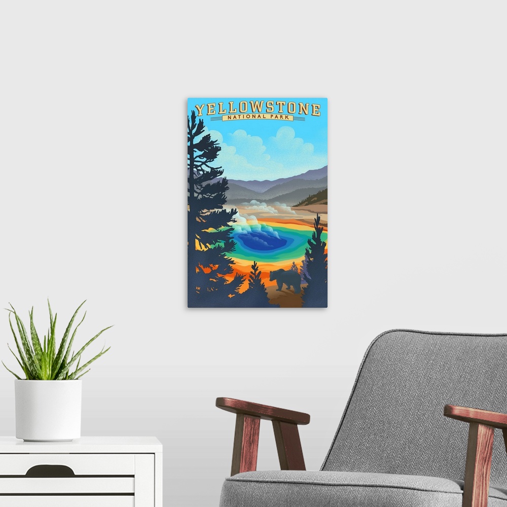 A modern room featuring Yellowstone National Park, Grand Prismatic Spring: Retro Travel Poster