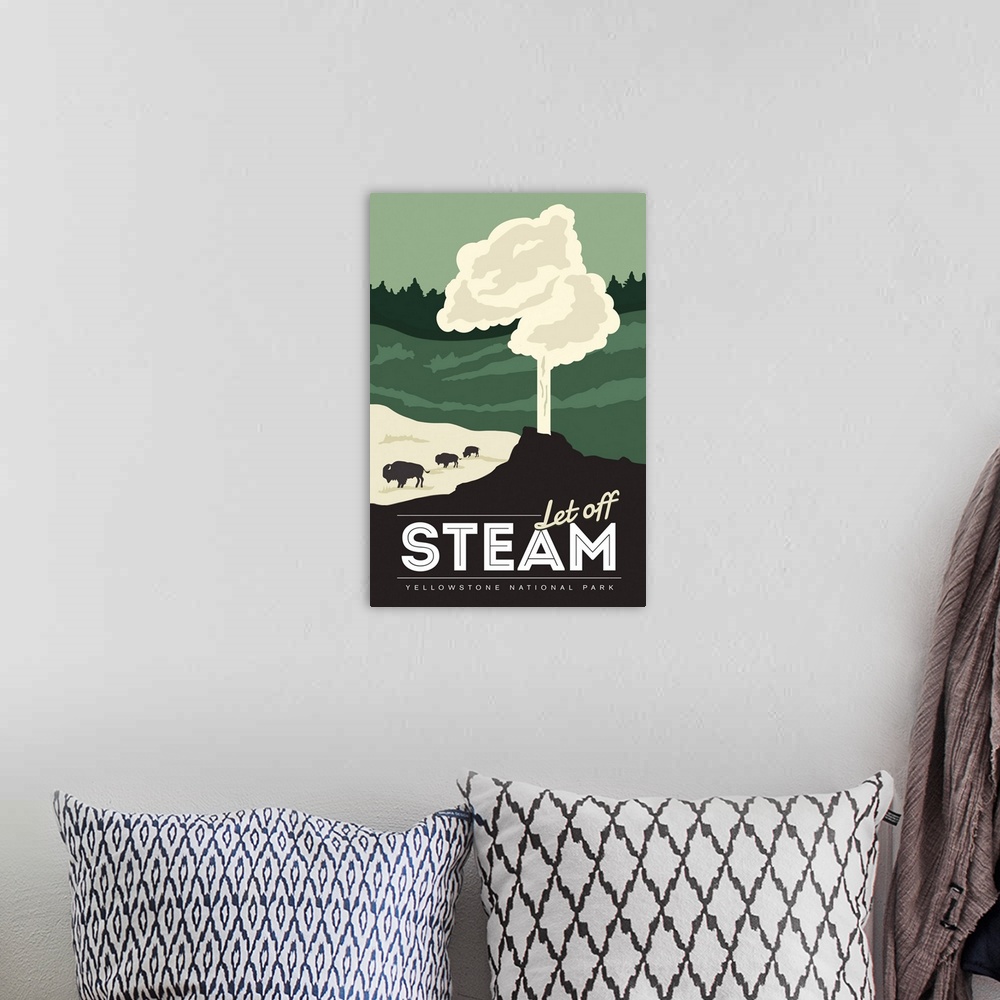 A bohemian room featuring Yellowstone National Park, Let Off Steam: Graphic Travel Poster