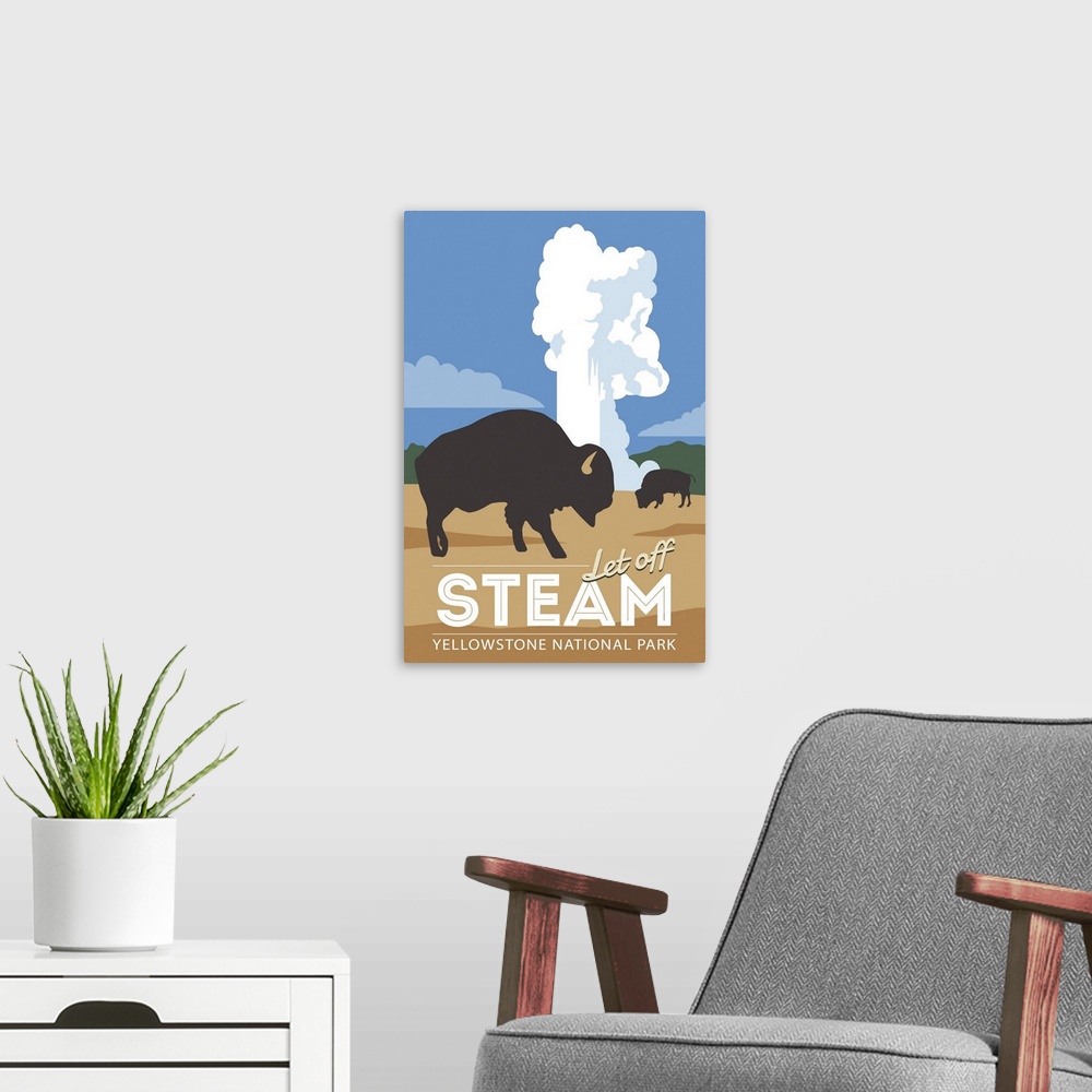 A modern room featuring Yellowstone National Park, Let Off Steam: Graphic Travel Poster