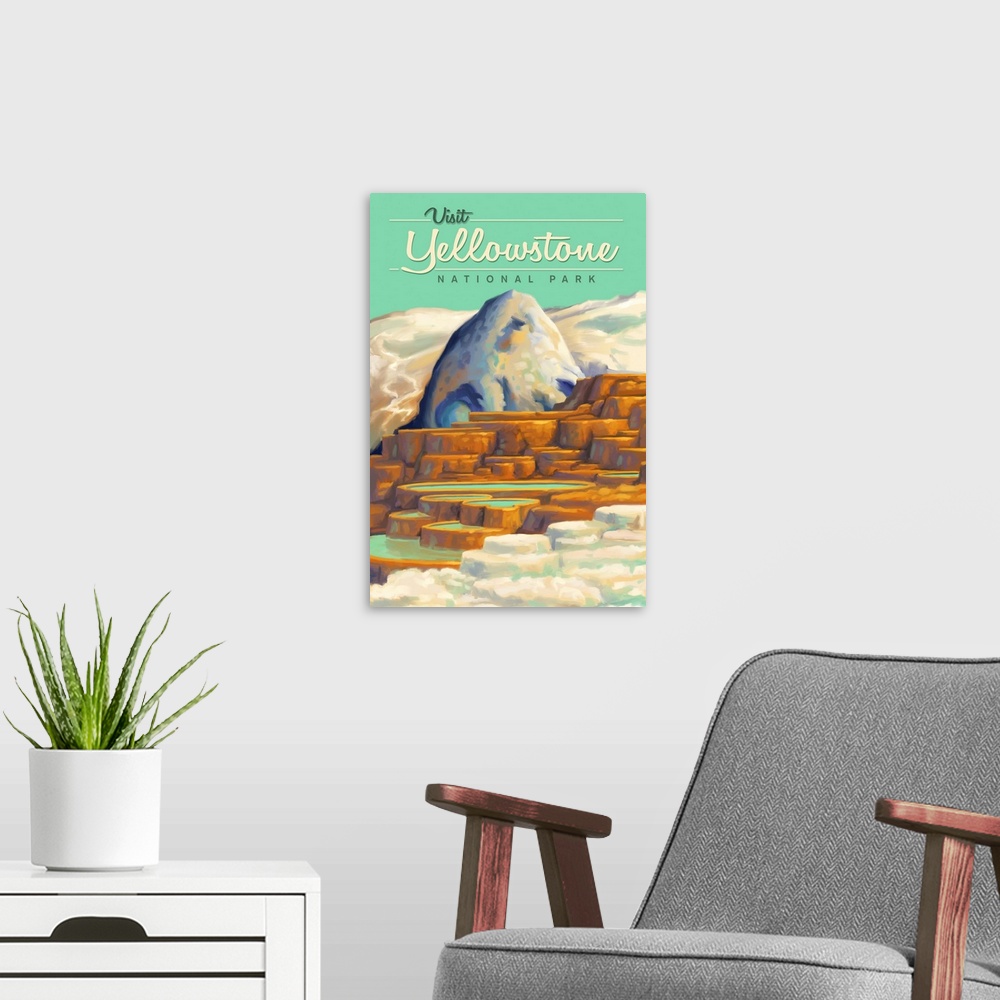 A modern room featuring Yellowstone National Park, Mammoth Hot Springs: Retro Travel Poster
