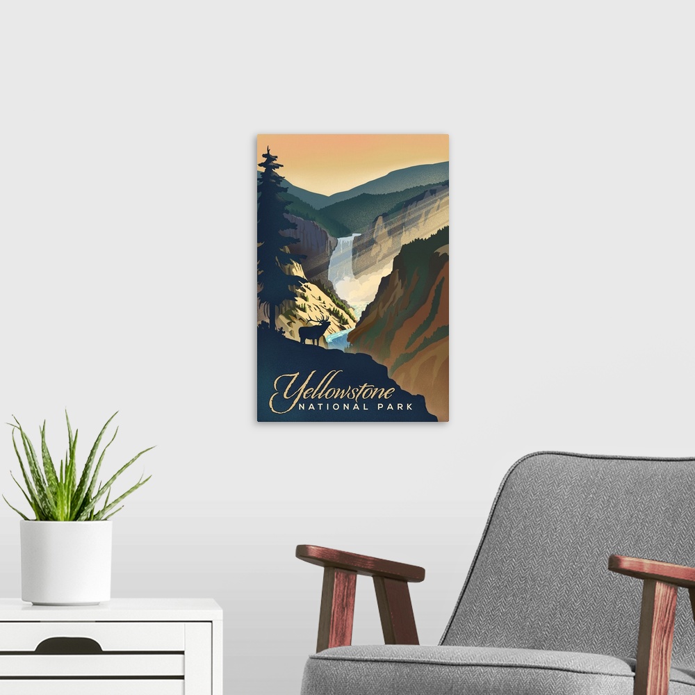A modern room featuring Yellowstone National Park, Moose Call And Waterfall: Retro Travel Poster
