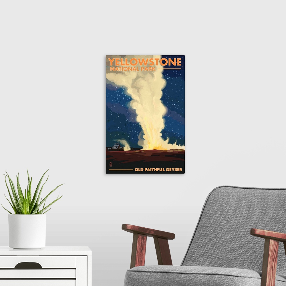 A modern room featuring Yellowstone National Park - Old Faithful at Night: Retro Travel Poster