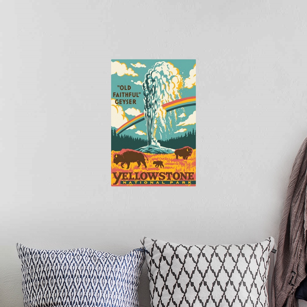 A bohemian room featuring Yellowstone National Park, Old Faithful Geyser: Graphic Travel Poster