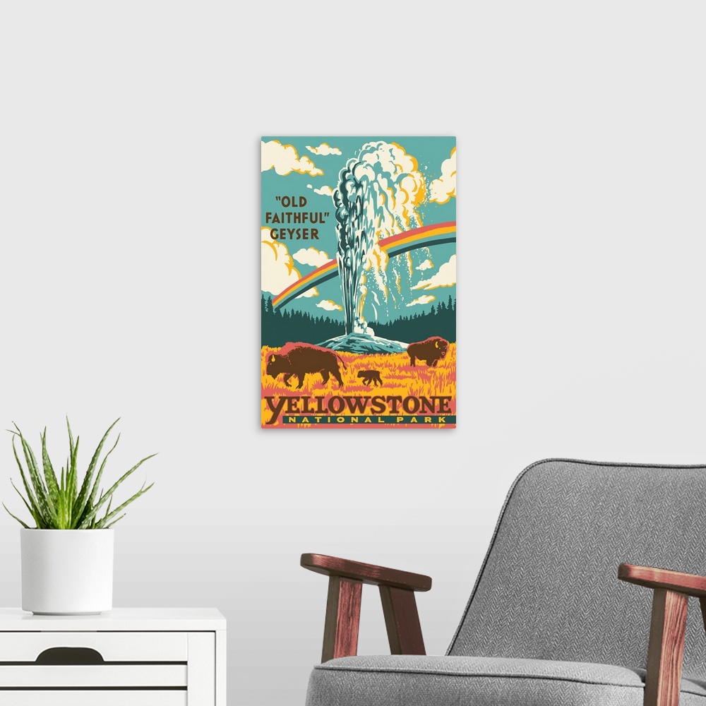 A modern room featuring Yellowstone National Park, Old Faithful Geyser: Graphic Travel Poster