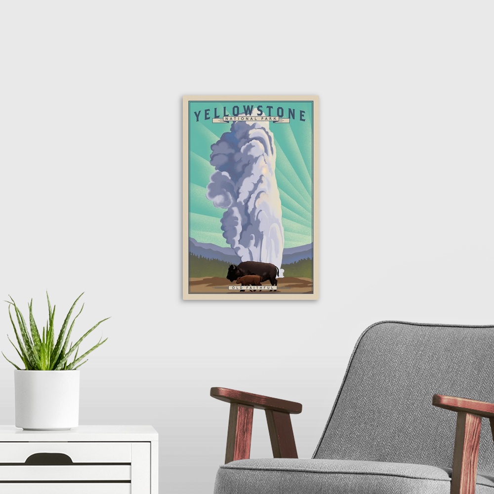 A modern room featuring Yellowstone National Park, Old Faithful: Retro Travel Poster