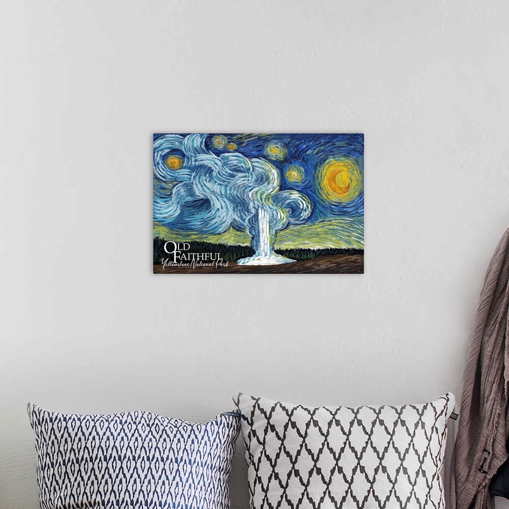A bohemian room featuring Yellowstone National Park - Old Faithful - Starry Night National Park Series