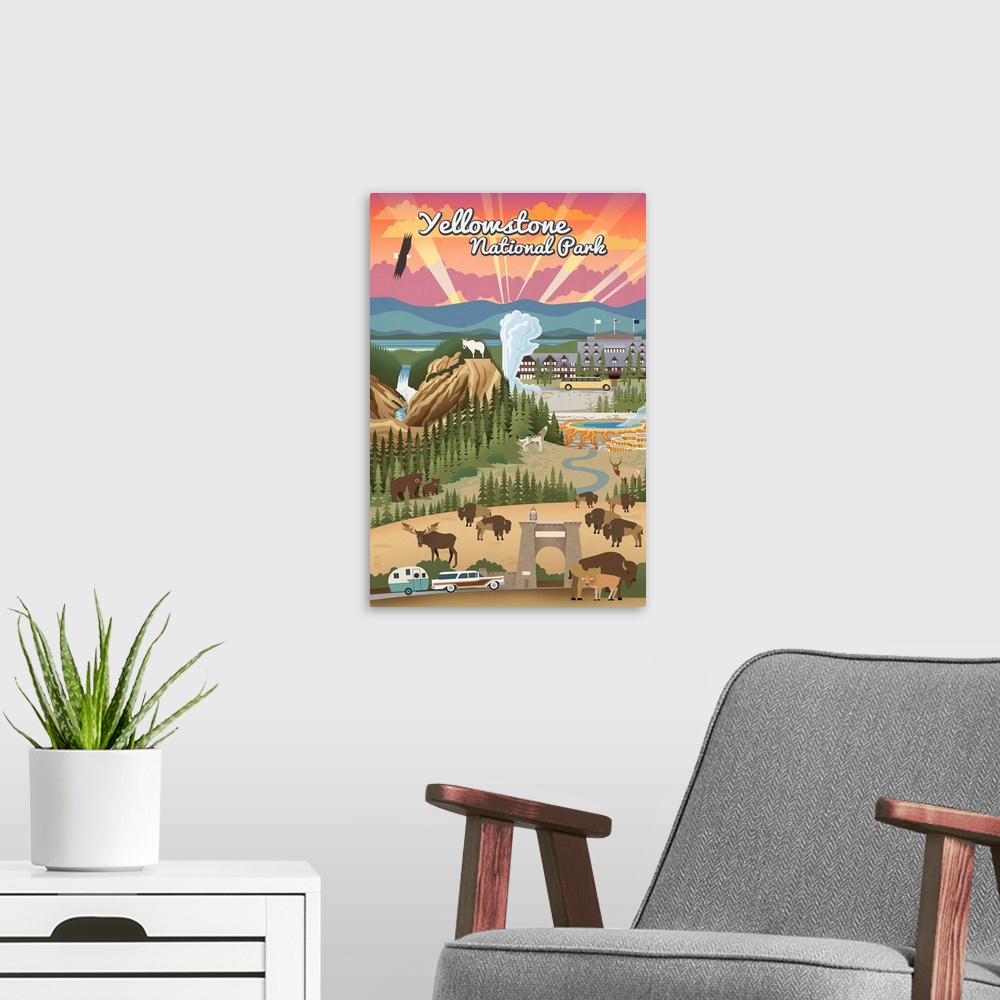 A modern room featuring Yellowstone National Park - Retro View: Retro Travel Poster