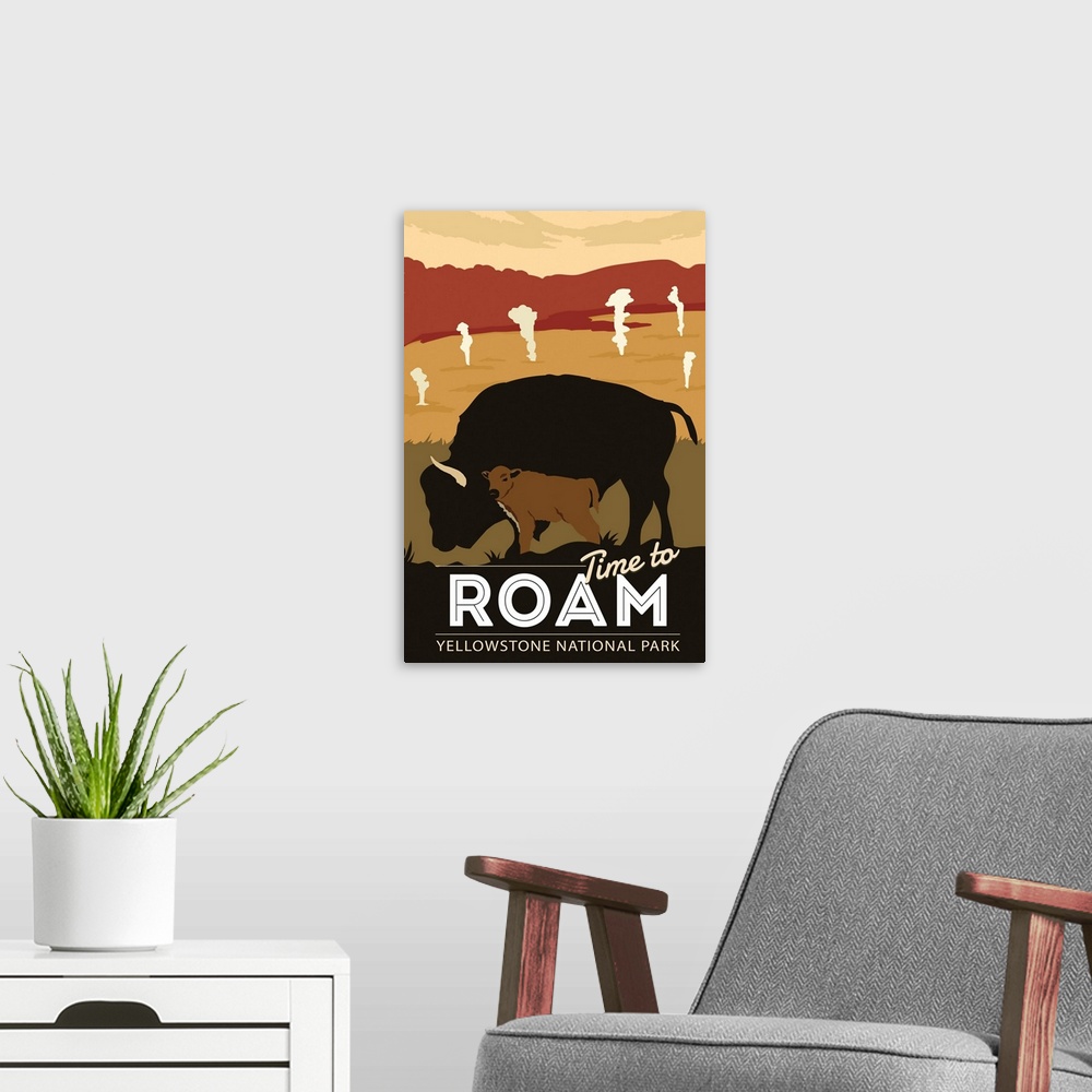 A modern room featuring Yellowstone National Park, Time To Roam: Graphic Travel Poster