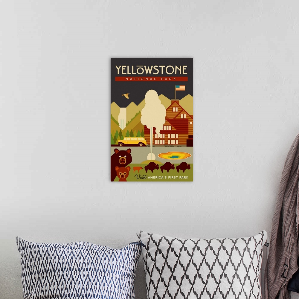 A bohemian room featuring Yellowstone National Park, Visit America's First Park: Graphic Travel Poster