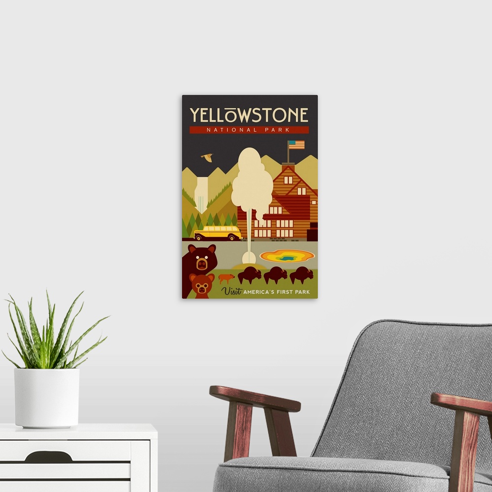 A modern room featuring Yellowstone National Park, Visit America's First Park: Graphic Travel Poster