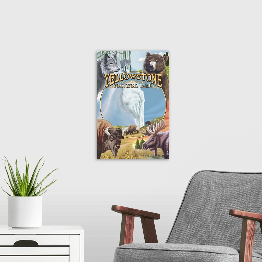 A modern room featuring Yellowstone National Park Wildlife Montage: Retro Travel Poster