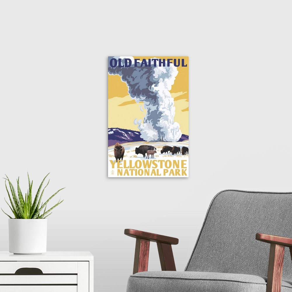 A modern room featuring Yellowstone National Park, Wyoming - Old Faithful Geyser - WPA Style