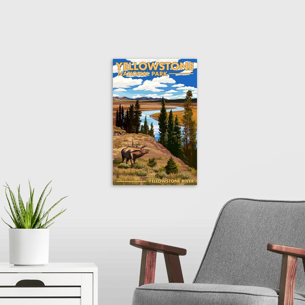 A modern room featuring Yellowstone National Park - Yellowstone River and Elk: Retro Travel Poster