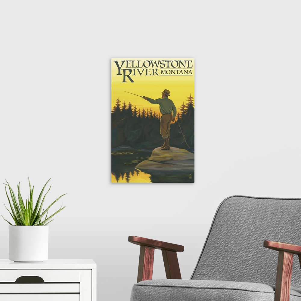 A modern room featuring Retro stylized art poster of fisherman casting his line.
