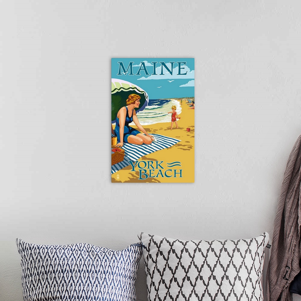 A bohemian room featuring York Beach, Maine - Beach Scene: Retro Travel Poster