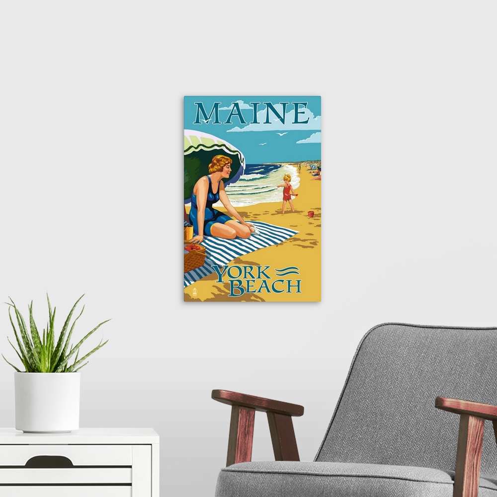 A modern room featuring York Beach, Maine - Beach Scene: Retro Travel Poster