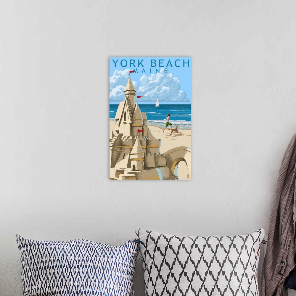 A bohemian room featuring Retro stylized art poster of sand castle on a beach, with a child and dog playing in the background.