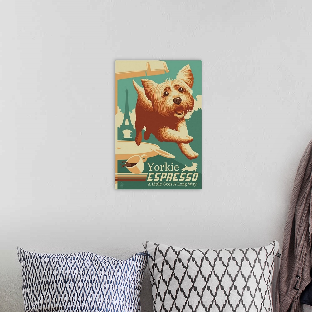 A bohemian room featuring Parody retro advertisement featuring a Yorkshire Terrier and French coffee.