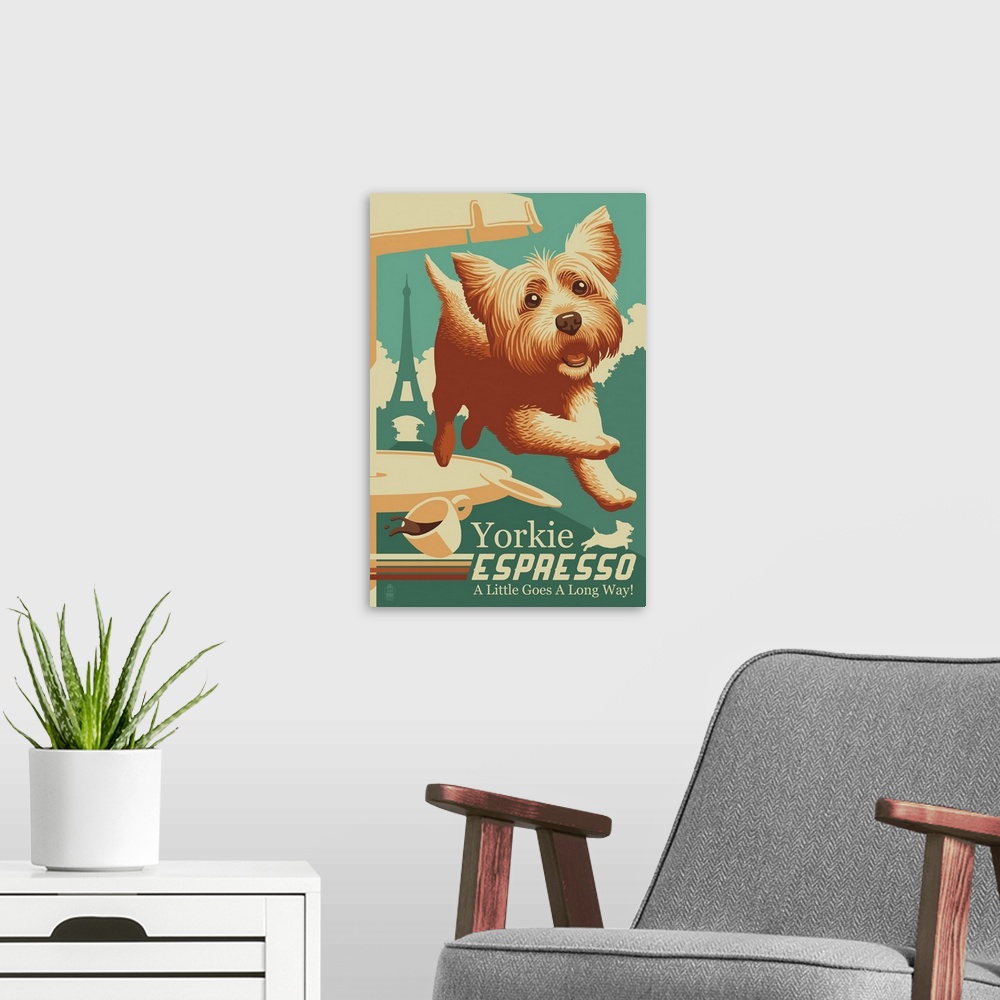 A modern room featuring Parody retro advertisement featuring a Yorkshire Terrier and French coffee.