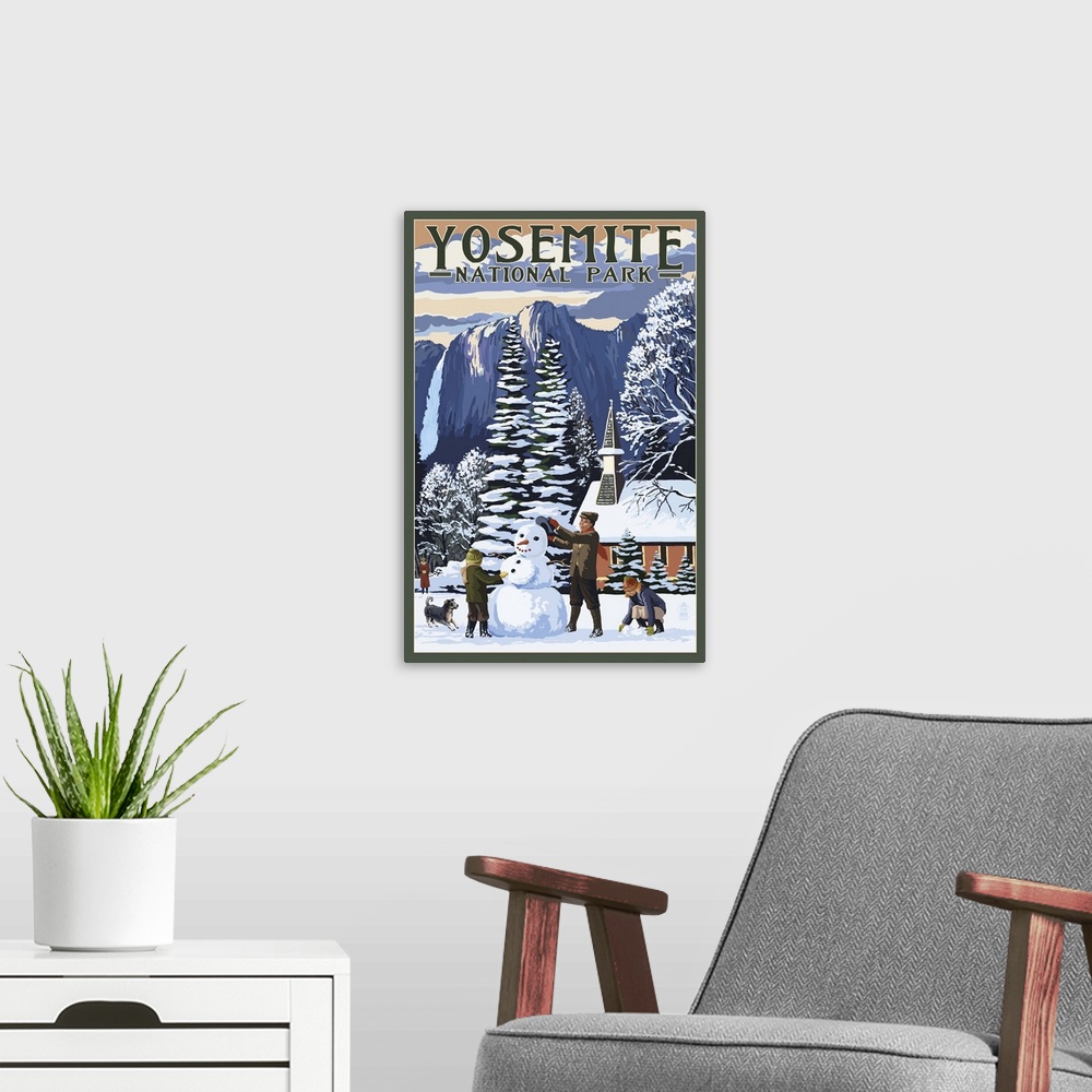 A modern room featuring Yosemite Chapel and Snowman - Yosemite National Park, California: Retro Travel Poster