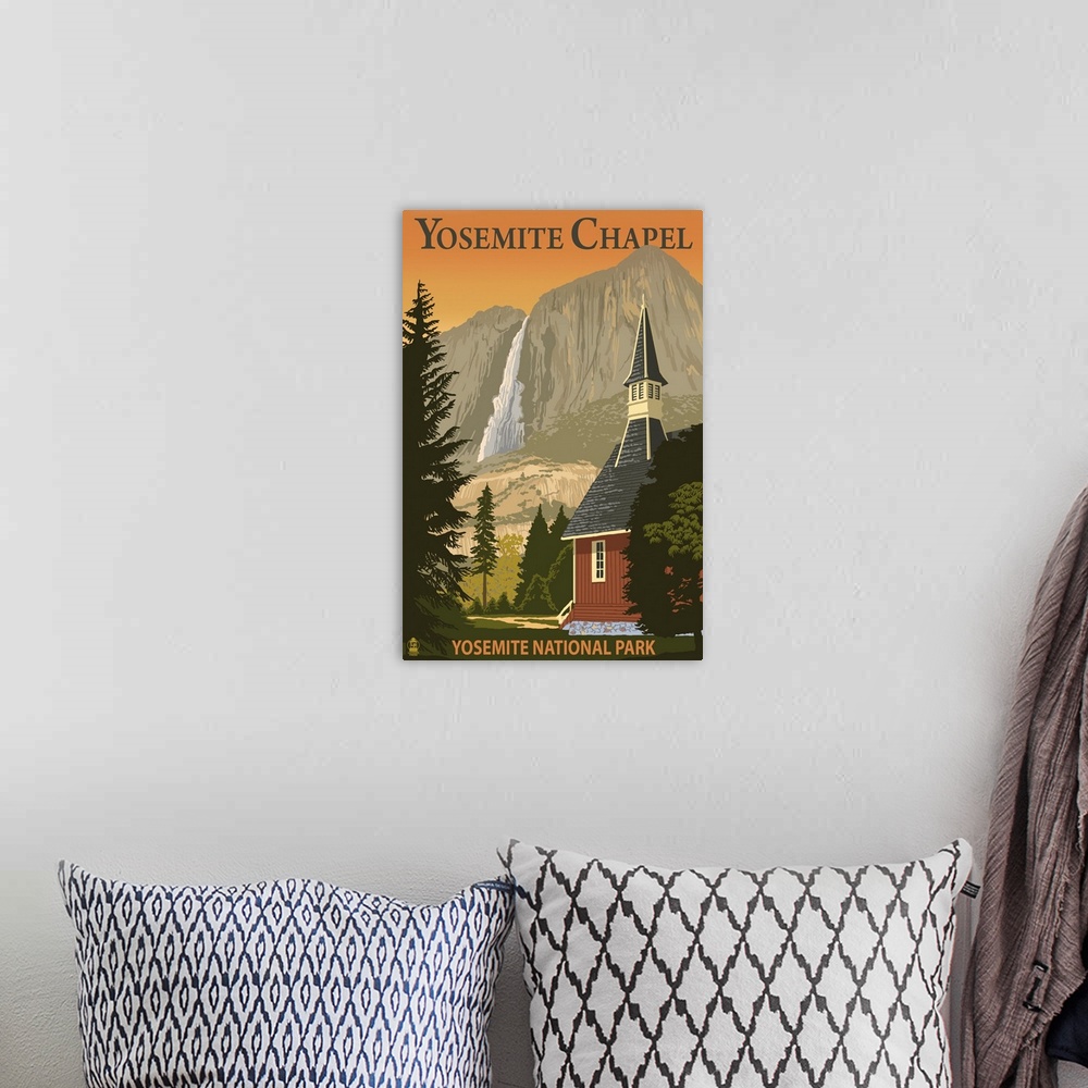 A bohemian room featuring Yosemite Chapel and Yosemite Falls - California: Retro Travel Poster