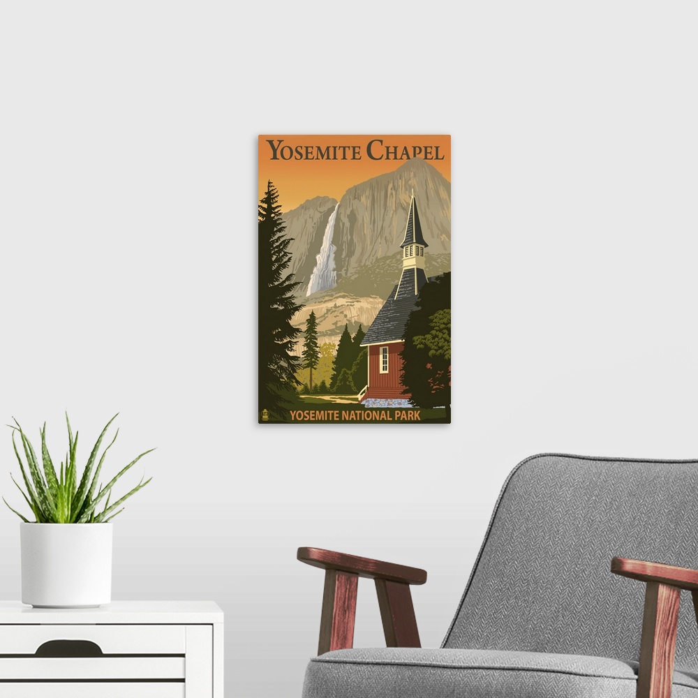A modern room featuring Yosemite Chapel and Yosemite Falls - California: Retro Travel Poster