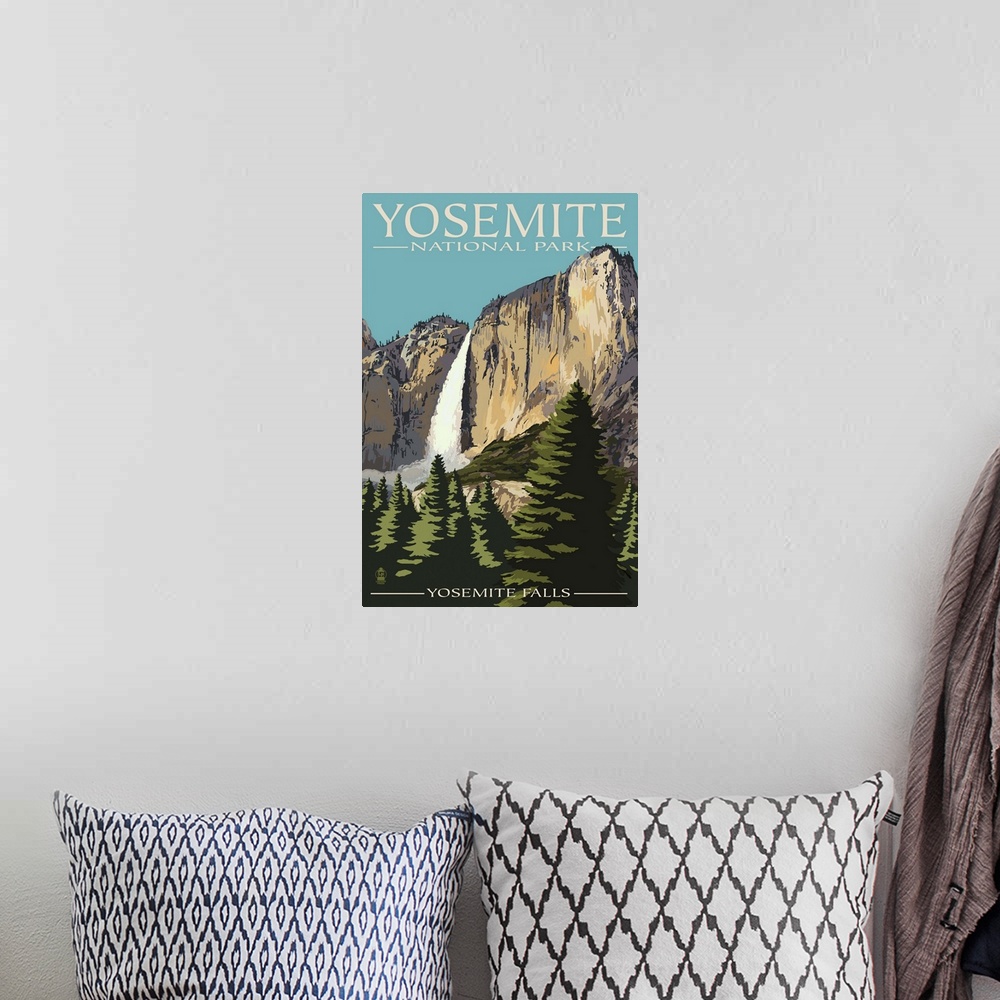 A bohemian room featuring Yosemite Falls - Yosemite National Park, California: Retro Travel Poster