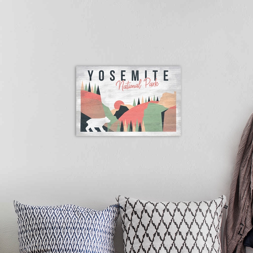 A bohemian room featuring Yosemite National Park, Bear And Landscape: Graphic Travel Poster