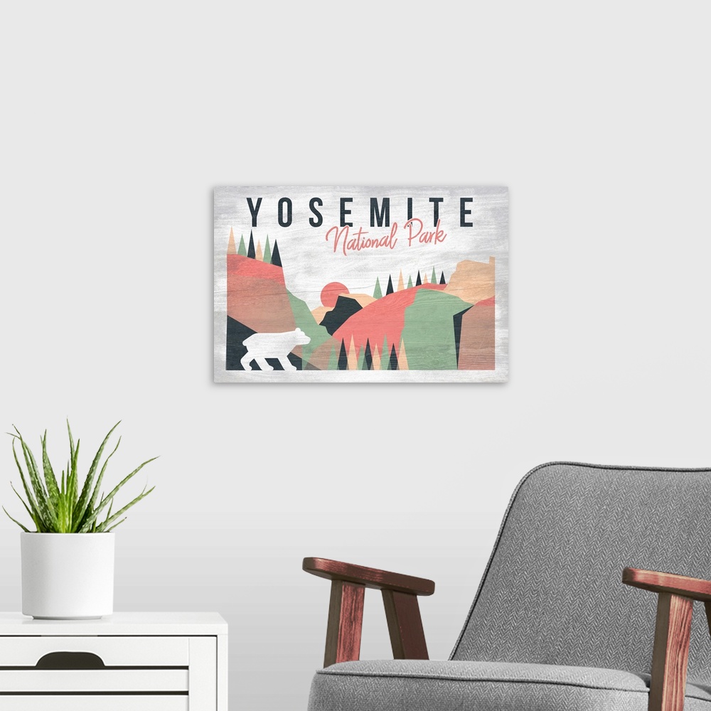 A modern room featuring Yosemite National Park, Bear And Landscape: Graphic Travel Poster