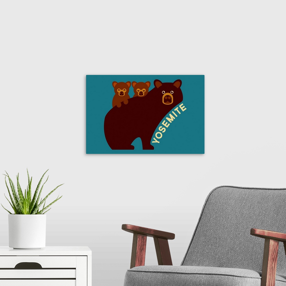A modern room featuring Yosemite National Park, Bear With Cubs: Graphic Travel Poster