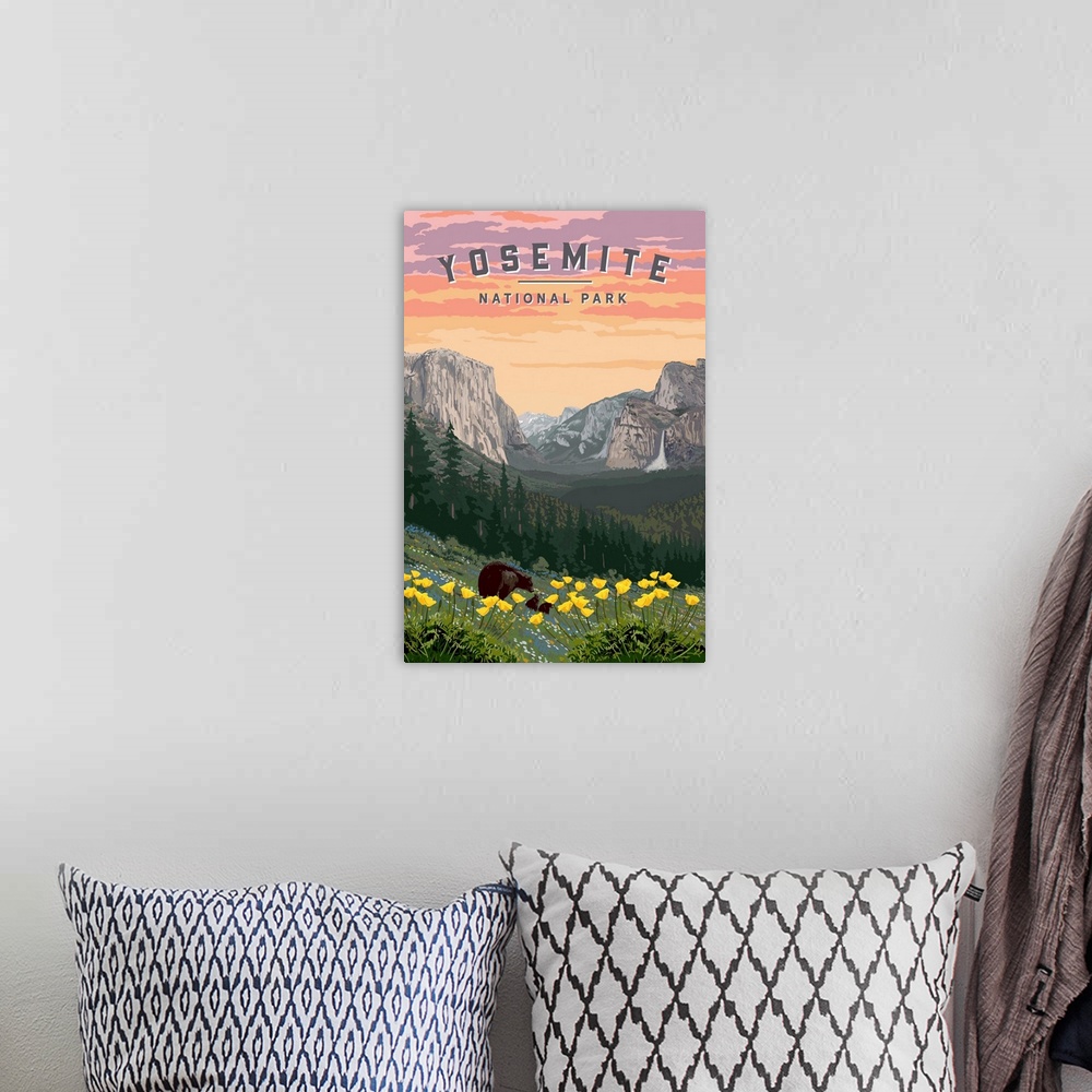 A bohemian room featuring Yosemite National Park, Bears In Wildflowers: Retro Travel Poster