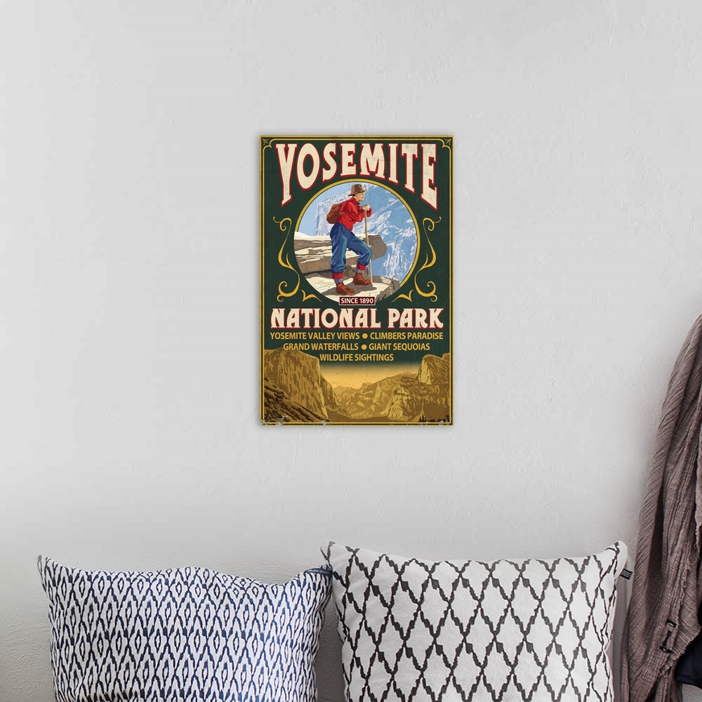 A bohemian room featuring Yosemite National Park, California - Half Dome Vintage Sign: Retro Travel Poster