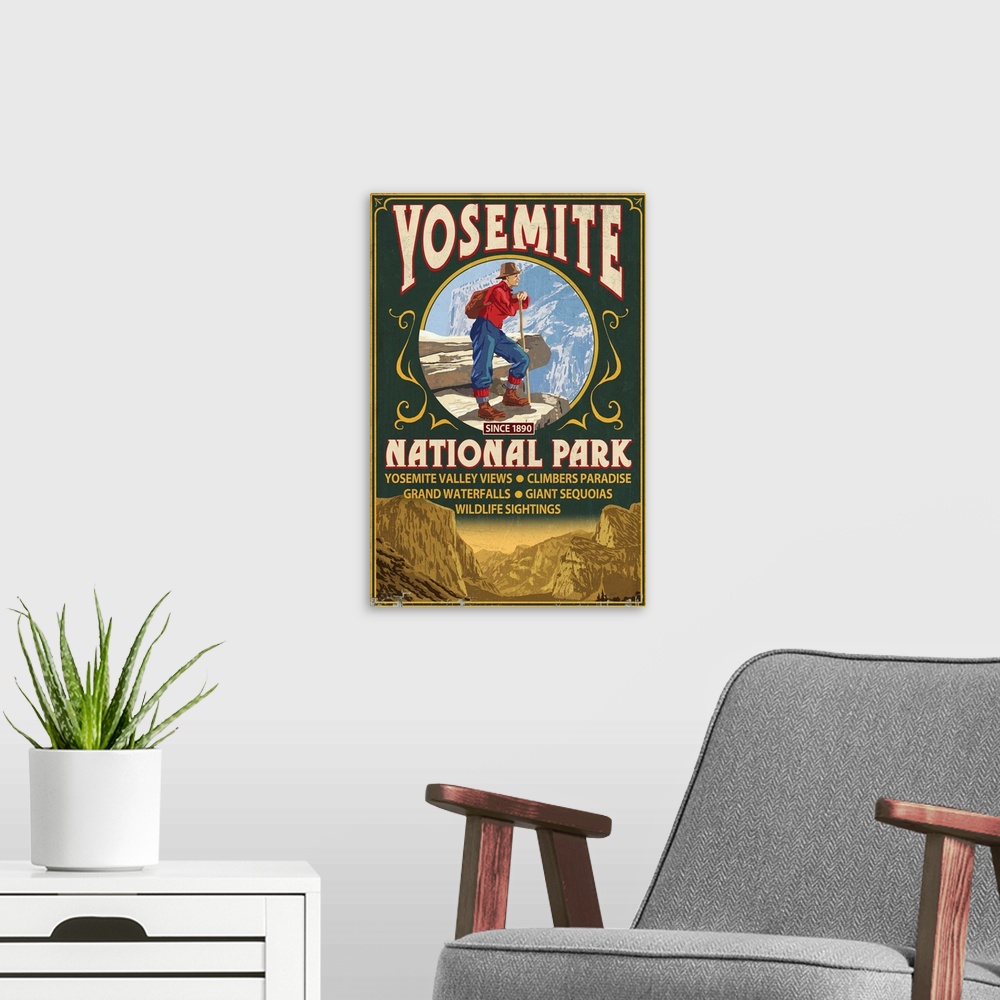 A modern room featuring Yosemite National Park, California - Half Dome Vintage Sign: Retro Travel Poster