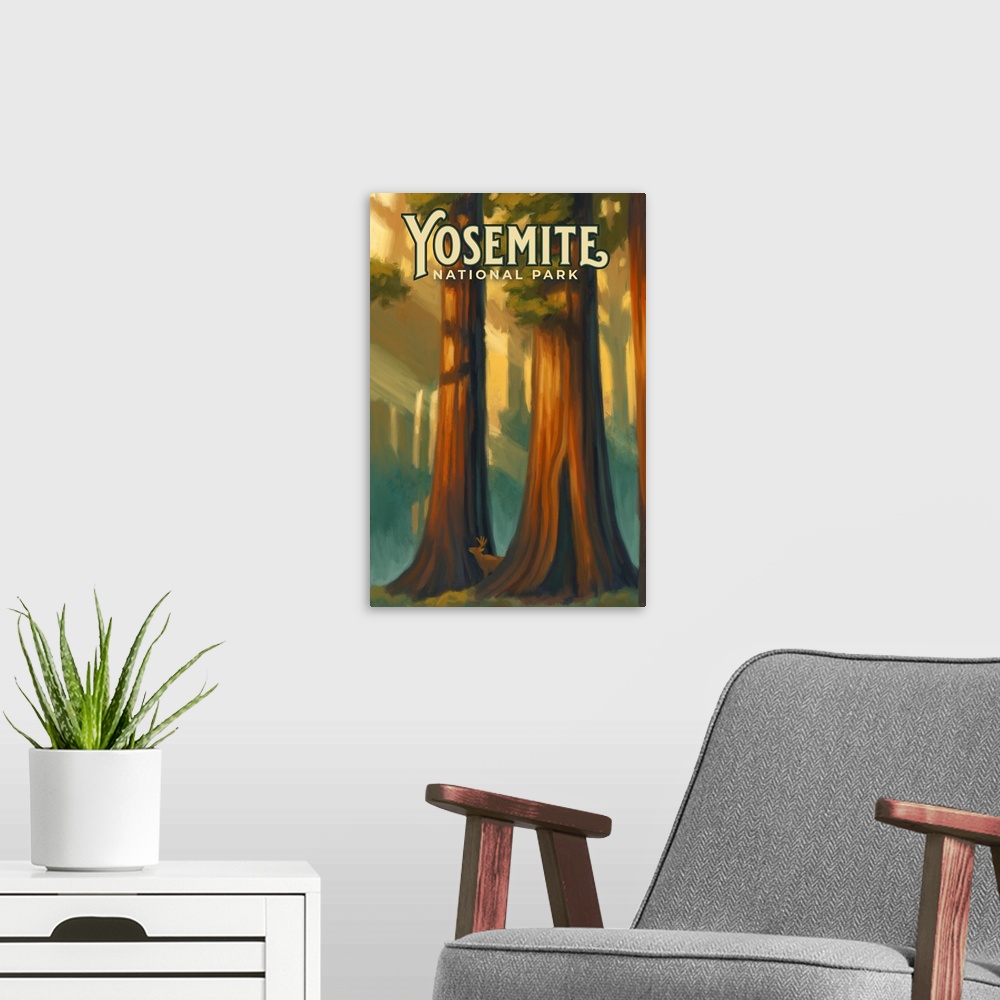 A modern room featuring Yosemite National Park, Forest: Retro Travel Poster